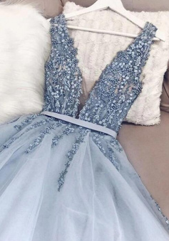 Gorgeous V Neck Blue Tulle Open Back Prom Dress with Beaded
