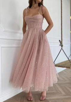 Spaghetti Straps Sequins Pink Tea Length Prom Dresses, Shiny Pink Homecoming Dresses