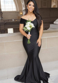 Mermaid Off Shoulder Black Stain Prom Dress