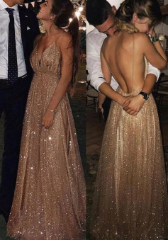 FLoor Length Long Sequins Evening Dresses Plunge V-neck Prom Dress