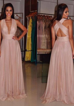 Floor Length Blush pink A Line Chiffon Prom Dress