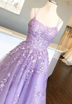 Spaghetti Straps A Line Purple Backless Prom Dress With Lace