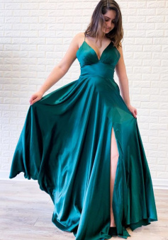 Empire Straps Teal V Neck Satin Prom Dress with Slit