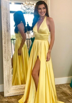 Gorgeous A Line Halter Yellow Split Prom Dress