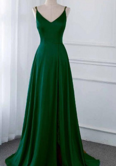 Spaghetti Strap Green Stain Long Prom Dresses