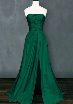 A Line Strapless Green Long Satin Slit Prom Dresses