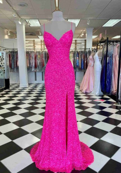 Hot Pink A Line Straps Sequin Prom Dress with Slit