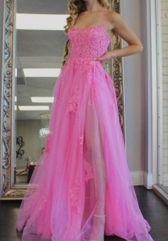 Hot Pink Straps Tulle Long Prom Dress with Side Slit