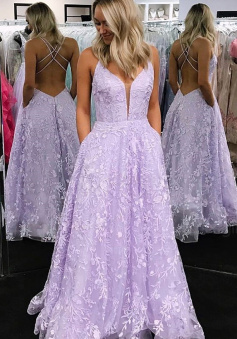A Line Backless Lavender V-Neck Lace Prom Dress With Pocket