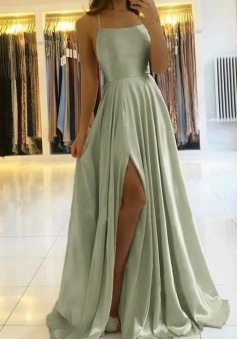 A Line Sage Green Baackless Prom Dress Wth Silt