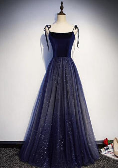 Charming Navy Blue Tulle Straps Evening Dress