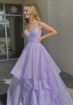 A line Purple V Neck Tulle Long Prom Dress Evening Dress