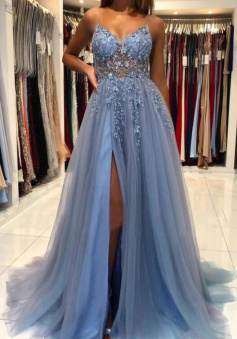 A Line V Neck Gray Tulle Long Prom Dress with Beads - Wisebridal.com