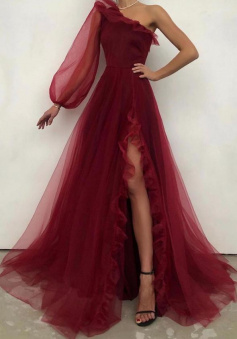 Simple one shoulder burgundy tulle prom dress evening dress