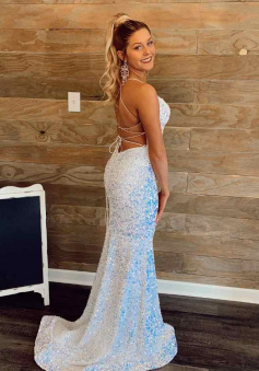 Elegant Mermaid Straps White Sequins Long Prom Dress