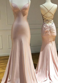 Mermaid/Trumpet Pink Satin Criss Cross Backless Evening Gowns