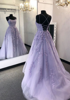 Spaghetti Straps Mermaid Lavender Backless Lace Prom Dresses