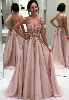 Beauty Princess Beaded Long Blush Pink Evening Prom Dress