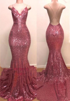 Mermaid Glitter Pink Sequins Evening Dress