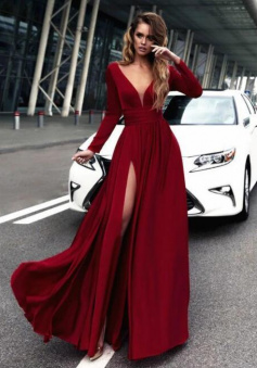 Sexy Deep V Neck Long Sleeves Burgundy Prom Dresses Leg Split