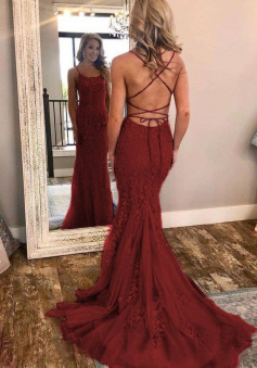 Mermaid Burgundy Spaghetti Strap Burgundy Prom Dresses with Lace Appliques