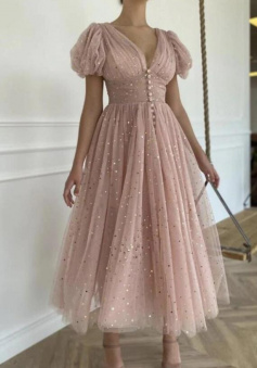 Simple v neck tulle short prom dress