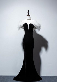 Off The Shoulder Black Velvet Long Prom Dresses with Feather