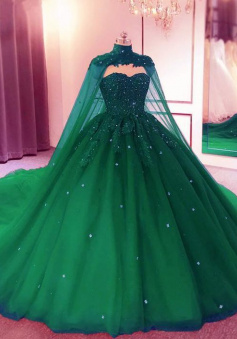 Sweetheart Ball Gown Green Prom Dress With Cape