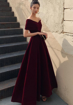 Off Shoulder Sweetheart Burgundy Velvet Party Dress Prom Dress