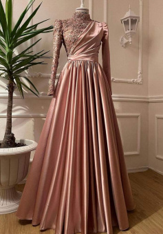 Elegant Rose Long Sleeves Beading Evening Dresses Arabic Engagement