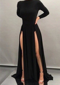 Sheath Front-splits Black Sleeves Long Sexy Prom Dresses