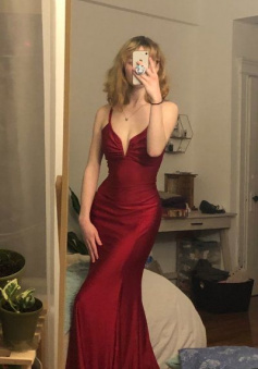 Spaghetti Straps V Neck Mermaid Burgundy Long Prom Dress