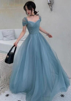 Princess A-Line Square Neckline Tulle Prom Dresses with Short Sleeve