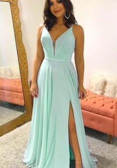 Simple A-line V Neck Chiffon Prom Dress With Split