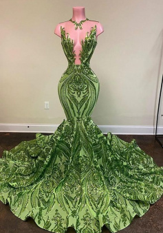 Olive Green Mermaid African Prom Dresses Jewel Neck Illusion Long Graduation Dress