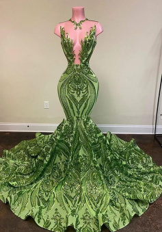 Olive Green Mermaid African Prom Dresses Jewel Neck Illusion Long Graduation Dress