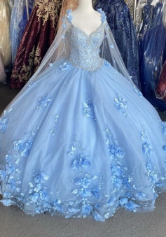 Chic Tulle Ball Gown Beading Prom Dress with Blue Flowers
