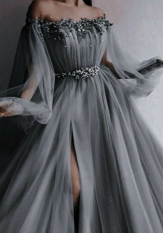 Off The Shoulder Grey Tulle Prom Dress with Beading
