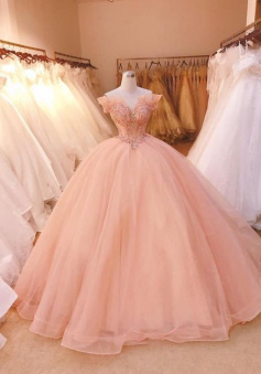 Off The Shoulder Pink Tulle Ball Gown Prom Dress