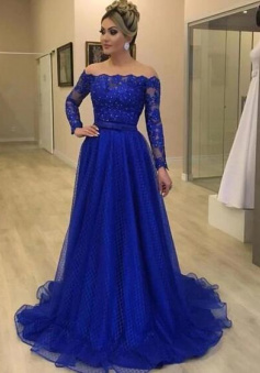 Off shoulder royal blue long prom dress with long sleeves