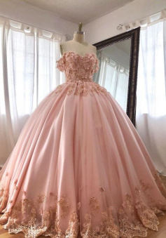 Vintage Pink Embroidered Lace Ball Gown Prom Dress Quinceanera Dresses