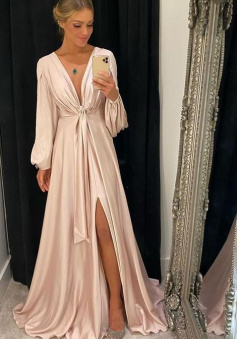 A-Line Long Sleeves Deep V-Neck Prom Dress with Split