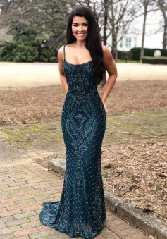 Gorgeous Mermaid Navy Blue Beading Prom Dress