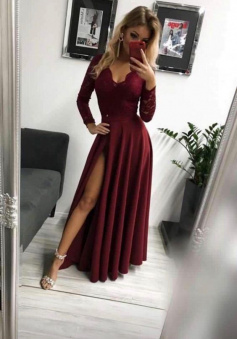 Long Sleeves Burgundy Lace Chiffon Prom Dress With Side Slit