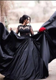 A-Line Ball Gown Black Long Sleeves Lace Modest Prom Dress