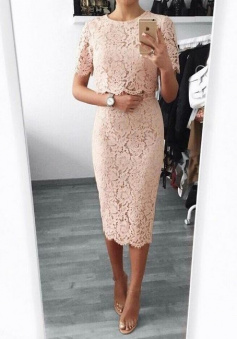 Elegant Two Piece Half Sleeves Tea Length Lace Formal Dresses