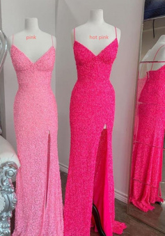 Simple Flattering Mermaid Sequin Pink/Hot Pink Long Prom Dress