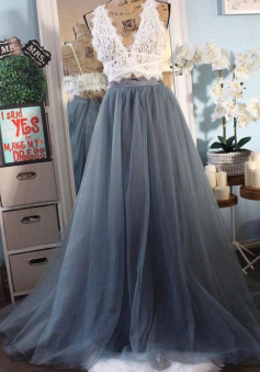 Two Piece V Neck Tulle Prom Dresses for Women