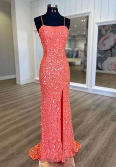Spaghetti Straps glitter coral sequined prom dress with slit