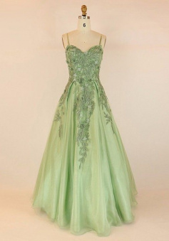 Floor-length V-neck Tulle With Appliques Lace Prom Dresses